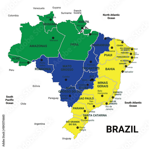Brazil map with states colored by region vector illustration