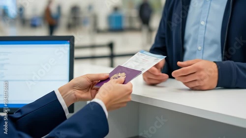 Woman airport employee helps a man check in for his flight by exchanging his passport and boarding pass in a registration desk.