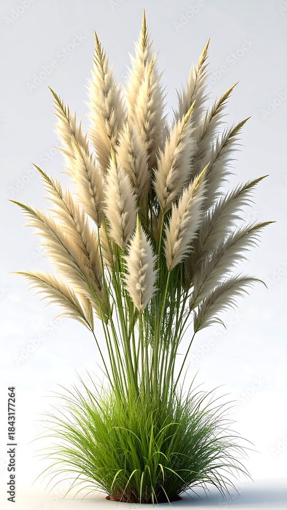 Fototapeta premium Close-up of decorative pampas grass with feathery plumes on white background