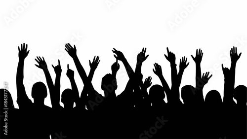 Crowd of people with hands raised in celebration.