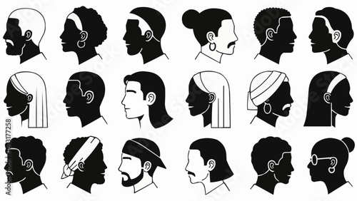 Collection of Diverse Human Profile Silhouettes and Line Art.