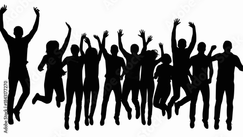 Silhouette of a diverse group of people jumping and celebrating together.