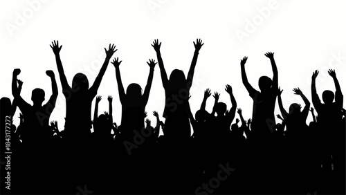 Silhouette of a crowd with hands raised in celebration.