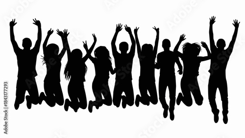 Group of diverse people jumping joyfully in the air.