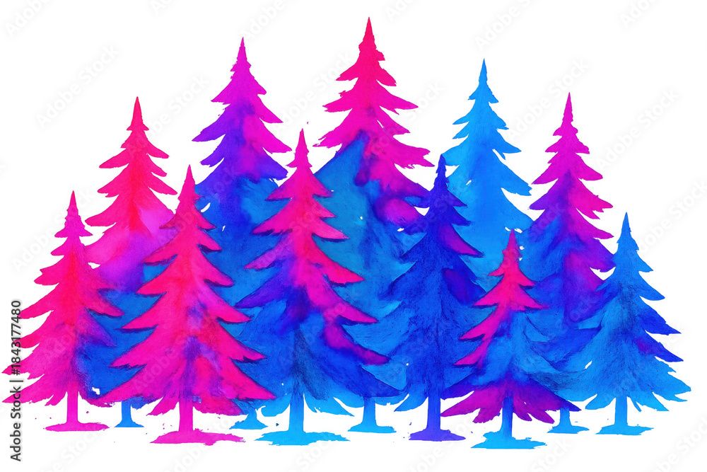 Obraz premium Abstract watercolor forest artwork with vibrant pink and blue pine trees creating a fantasy wood scene on transparent background