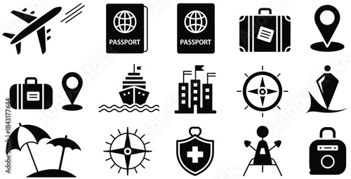 travel and vacation icon set featuring airplane, passport, cruise ship, hotel, and luggage symbols, ideal for booking platforms, travel blogs, user interfaces, infographics, and modern tourism design 