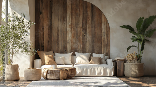 Cozy living room interior design with natural wood accents, comfortable sofa, and lush green plants creating a warm and inviting atmosphere