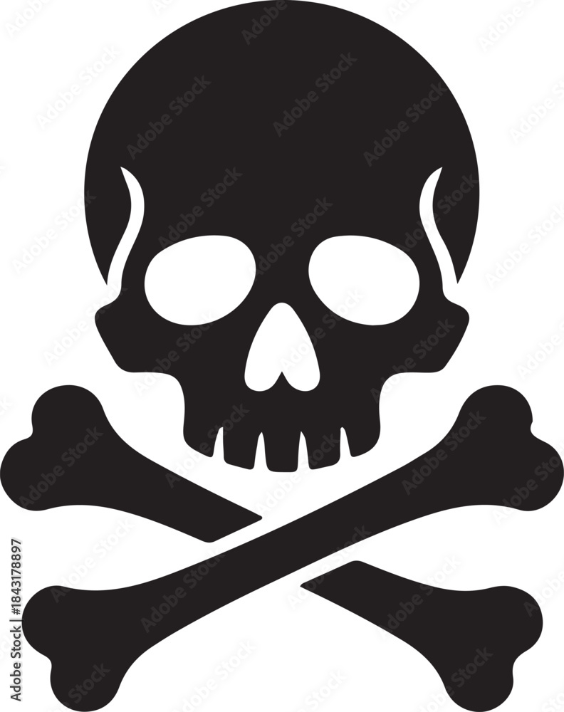 Fototapeta premium Black and white skull and crossbones symbol with empty eye sockets and teeth