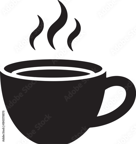 Black and white of a steaming coffee cup with a handle