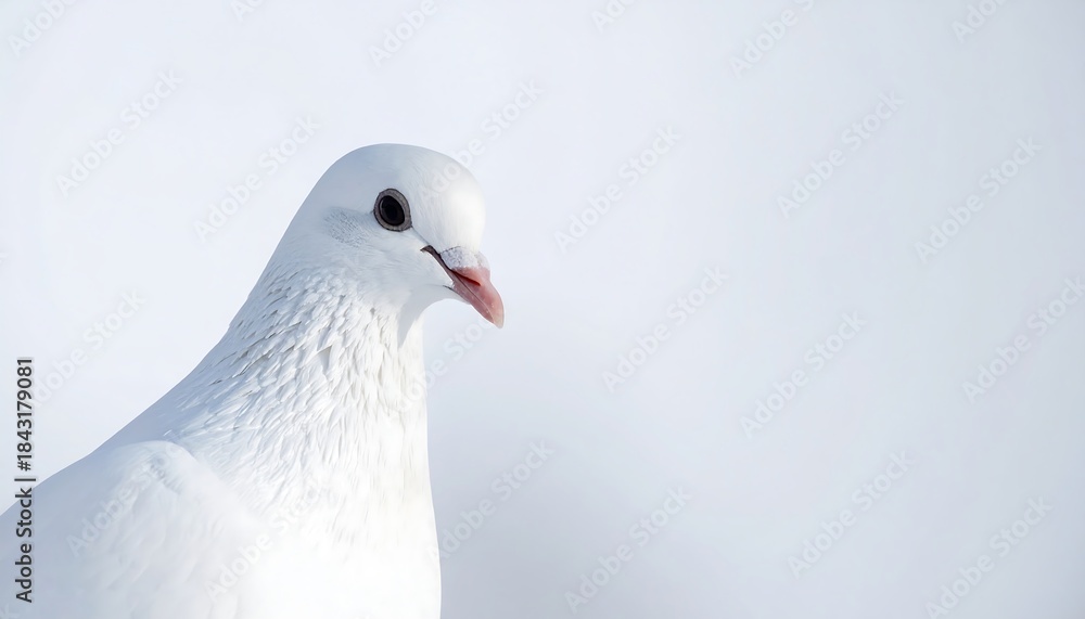 Fototapeta premium Close-up of a white pigeon against a minimalist white background; a bird's profile view