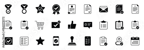 checkmark and approval icon set with vector glyph pictograms representing validation, certification, confirmation concepts, checklists, documents, awards, and security verification in clean black silh