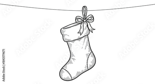 Simple line art stocking with a hanging ribbon loop