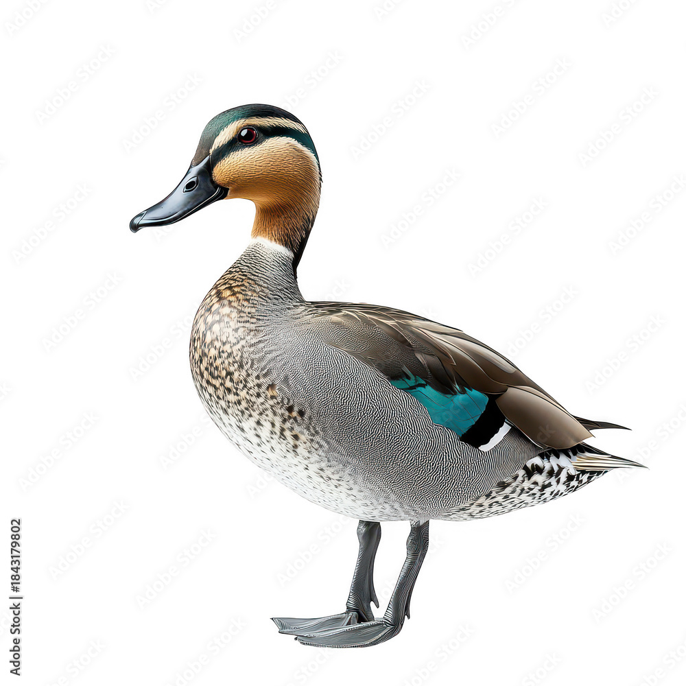 Obraz premium A male duck stands gracefully against a plain white background. its detailed plumage and colors. perfect for nature-themed projects or wildlife photography