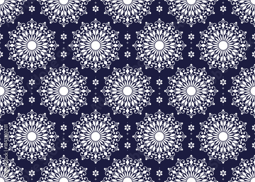 Mandalas, ethnic fabric seamless pattern, blue and white color, design for cloth, carpet, batik, wallpaper, wrapping etc.