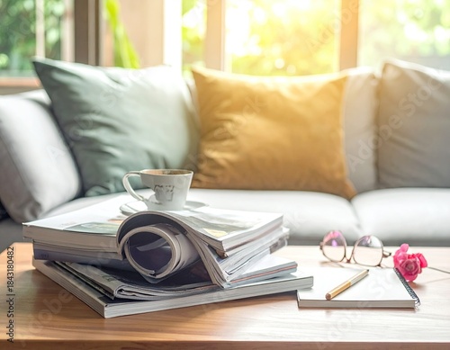 Cozy living magazines, tea, sofa, sunlight, wood table
