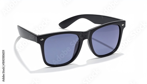 Black sunglasses with blue lenses on a white surface