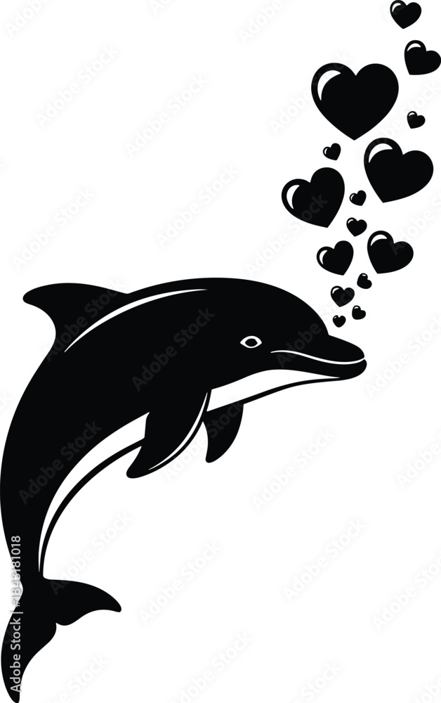 Obraz premium Black silhouette of a dolphin jumping with hearts white background dolphin, jumping, silhouette, black, white background, hearts, love, romance, aquatic, marine, animal, ocean, sea, playful, happy, jo