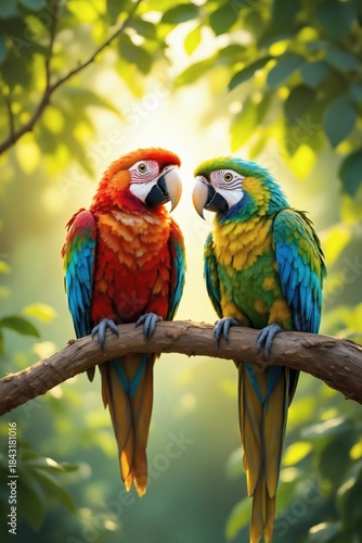 Two colorful macaw parrots perched closely on a sunny tree branch amidst vibrant green foliage