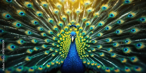 Vibrant blue peacock displaying large ornate tail feathers with bright eye spots