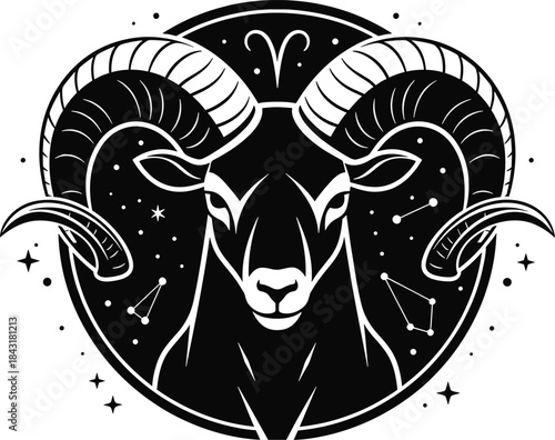 Black silhouette of an Aries ram zodiac sign with stars and constellations aries, ram, zodiac, astrology, horoscope, symbol, sign, constellation, stars, night sky, celestial, animal, head, horns, prof