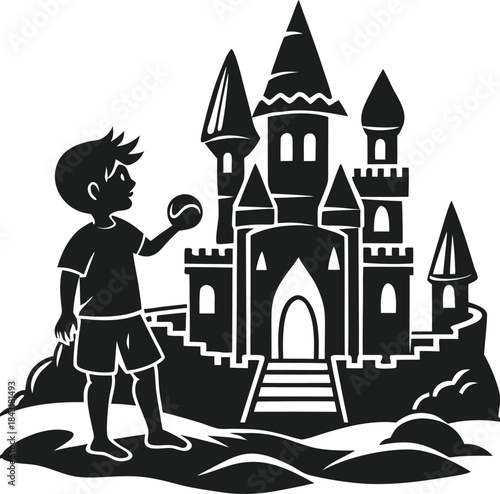 A playful young boy stands next to a magical fantasy castle silhouette, ready to play