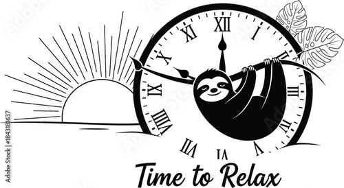 Sloth Hanging on Clock Face with Sunrise and Tropical Leaves sloth, animal, hanging, clock, time, relax, sunrise, sun, leaves, tropical, monstera, illustration, black and white, silhouette, graphic, d