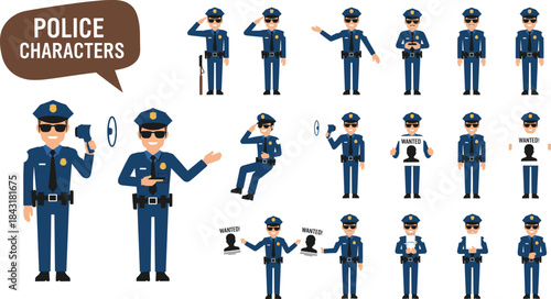 Cartoon police characters, officer poses, law enforcement, uniformed figures, saluting, magnifying glass, walkie-talkie, wanted poster, gesture actions