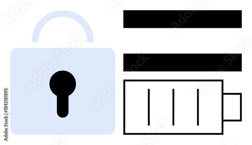 Padlock symbol and battery icon alongside horizontal bars. Ideal for security, privacy, encryption, energy conservation, technology, power supply, minimalism themes. Simple flat metaphor