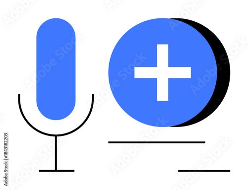 Voice command. Voice technology ed by a microphone icon and add symbol for actions or functionality. Voice command interactions, speech applications, smart tech. For AI, user interfaces, apps