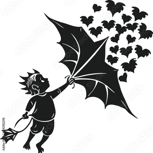 A playful child silhouette holds a spooky bat umbrella releasing a flock of hearts