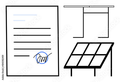 Renewable energy, solar power agreements, eco-friendly contracts, sustainable energy, clean energy solutions, legal paperwork. Signed contract next to solar panel illustration. Renewable energy
