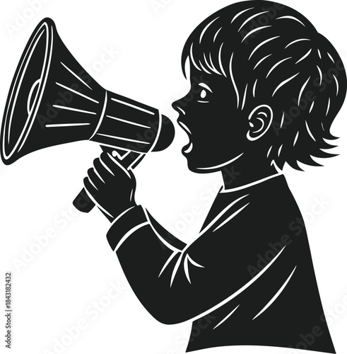 A silhouette vector illustration of a young child speaking loudly into a megaphone