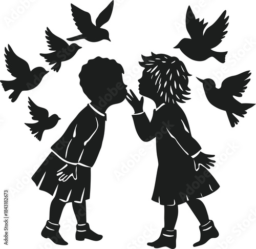 A silhouette illustration captures the innocent interaction between two children surrounded by birds