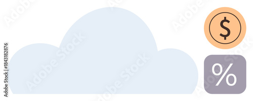 Cloud silhouette with dollar sign in a circle and percentage calculation symbol. Ideal for finance, savings, economics, cloud computing, technology, data analytics, investment management. Simple flat