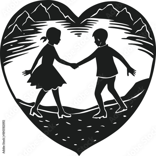 Young children hold hands in a heartwarming silhouette inside a heart shape