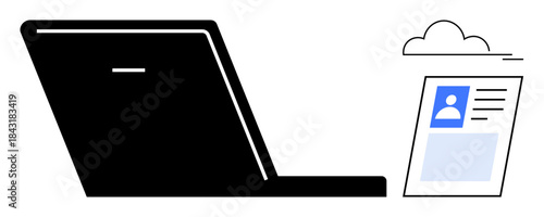 Online identity management. Digital ID card linked with cloud and laptop highlights online identity management. Online identity management vital for security, credentials, and accounts. Ideal