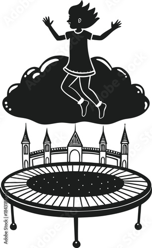 Imaginary child jumps high from a trampoline, passing a castle and reaching a cloud