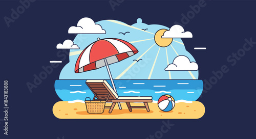 Summer beach vacation scene with a deck chair under an umbrella, a beach ball, and the sea on a sunny day.