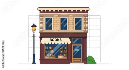Charming two-story brick building with a bookstore on the ground floor, complete with an awning, a display window, and a street lamp.