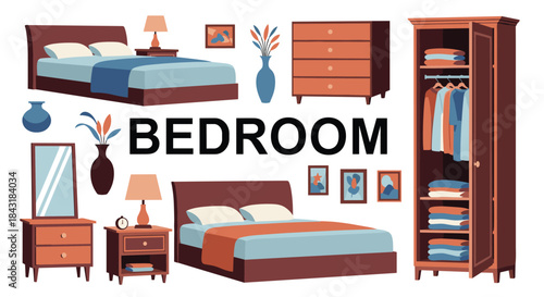 Large collection of modern bedroom furniture and decor items, including beds, a wardrobe, dressers, and decorative vases.