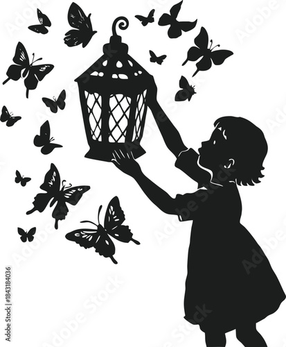 A beautiful silhouette of a child placing a decorative lantern while butterflies flutter around