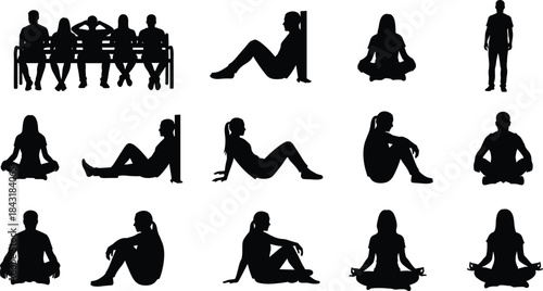 Vector Silhouettes of Diverse People in Sitting and Standing Poses: Meditation, Yoga, Relaxation, Sadness, Group on Bench, and Stress Relief for Wellness Design