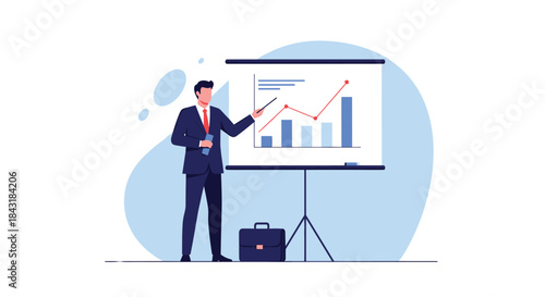 Businessman in a suit giving a presentation, pointing to a growing bar chart on a whiteboard to show business success.