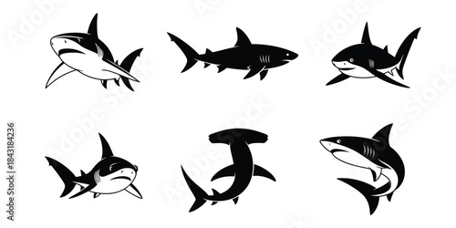black shark icons set on gray background, featuring vector silhouettes of sharks in various positions, perfect for ocean-themed designs, marine illustrations, educational materials, and digital projec