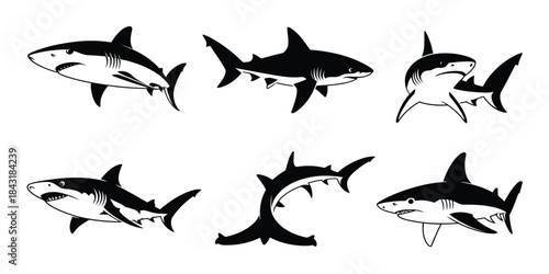 black shark icons set on gray background, featuring vector silhouettes of sharks in various positions, perfect for ocean-themed designs, marine illustrations, educational materials, and digital projec