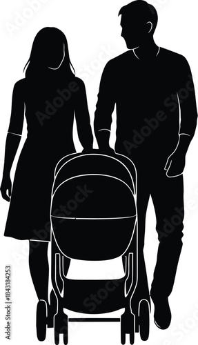 Silhouette of a modern couple walking together pushing a baby stroller representing new parenthood and family life outdoors