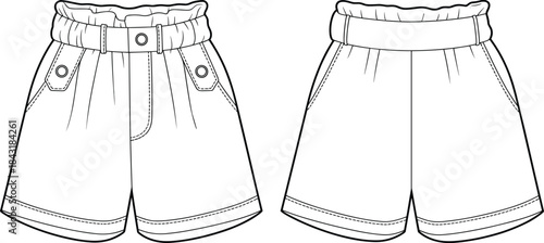 Women's Paperbag Waist Shorts Technical Fashion Drawing Vector Illustration Featuring Wide Waistband, Elastic Gathers, Belt Loops, Side Pockets, Front and Back View, Apparel Mockup.