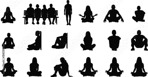 Silhouette Vector Set of People Sitting in Various Poses: Meditation, Relaxation, Group Sitting on Bench, Sadness, and Mindfulness for Graphic Design Projects