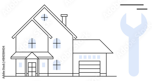Real estate, home improvement, maintenance, construction, property management, repair services. Outline of a house with a garage and a wrench icon. Home improvement and maintenance concept