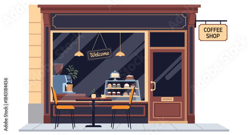 Charming exterior of a cozy coffee shop with a welcome sign, a display of cakes, and a small table for customers outside.